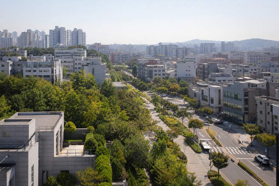 햇빛이 드는 현대적인 도시 주거와 상업 지역