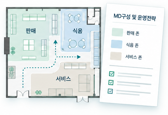 판매·식음·서비스 공간 배치와 MD구성 및 운영전략을 표현한 업무 예시 인포그래픽